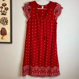 Red/White Embroidered Dress with Ruffle Sleeves, Tassels & Scalloped Hem Size: S